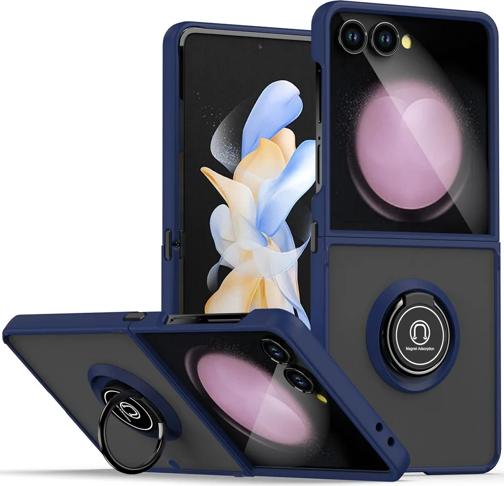 Custodia per Samsung Galaxy Z Flip 7 traslucida opaca in TPU con supporto ad anello e supporto Blu scuro