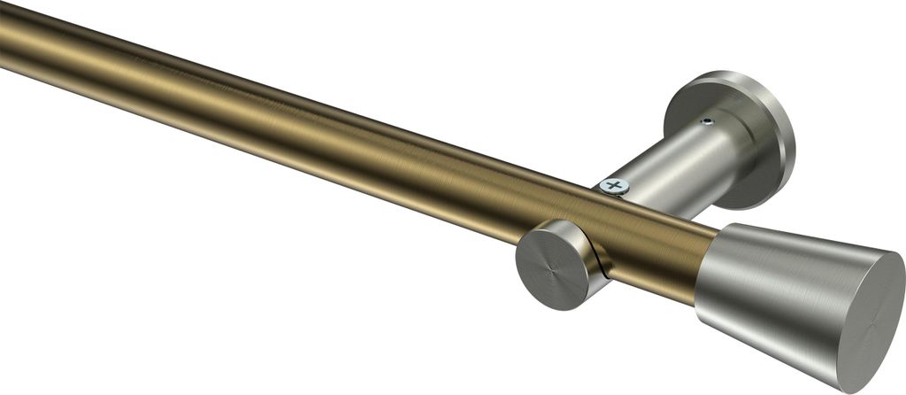 Interdeco Gardinenstange / Vorhangstange Messing Antik / Edelstahl-Optik, Typ Platon Sitra (Konus) ohne Ringe, 20 mm Ø 1-läufig, 120 cm