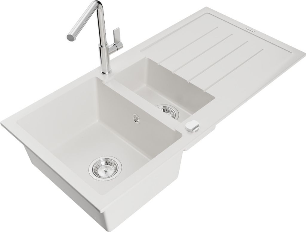 Mexen Andres 1,5-Becken-Granitspüle mit Abtropffläche und Mischbatterie Flora, Weiß - 6515-20-670401-00