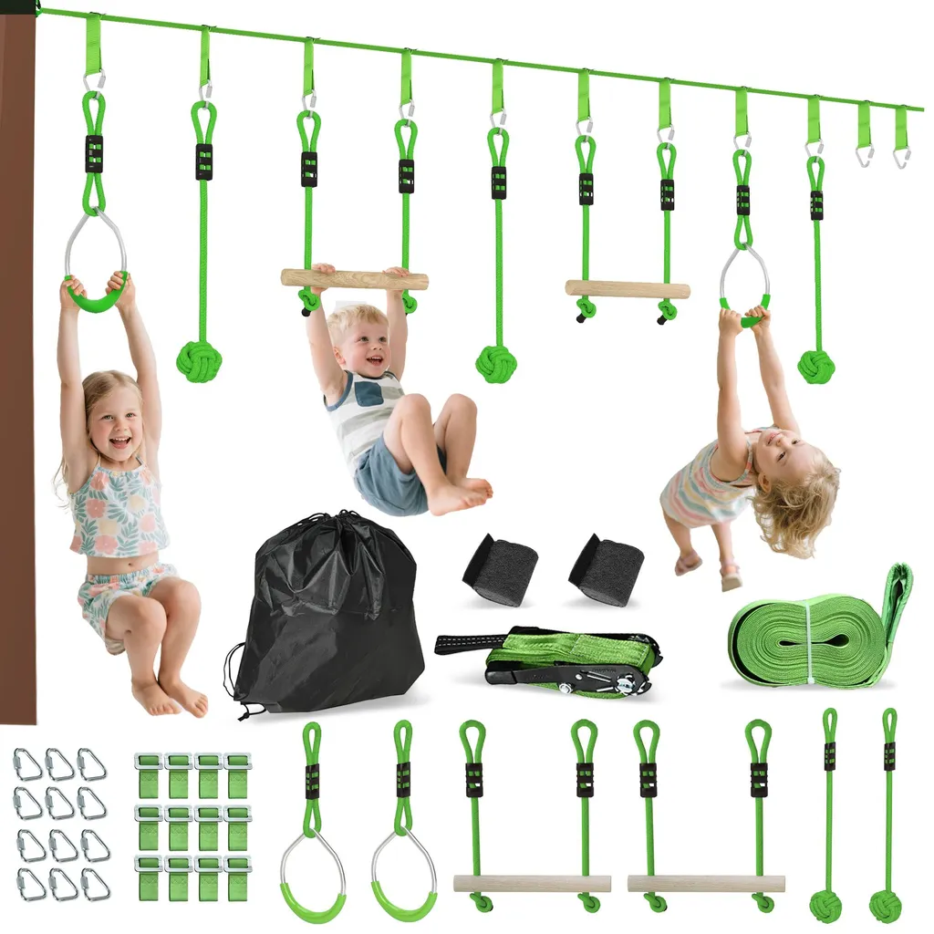 Jeu de jardin Ninja 10M enfant : parcours complet tyrolienne 7 pièces