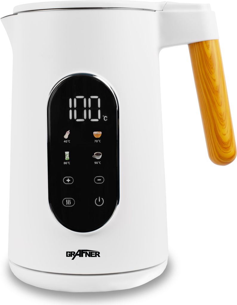 Grafner Edelstahl Wasserkocher mit Temperatureinstellung, 40°C-100°C, großes Display, Warmhaltefunktion und Memoryfunktion, 4 Programme, Doppelw...
