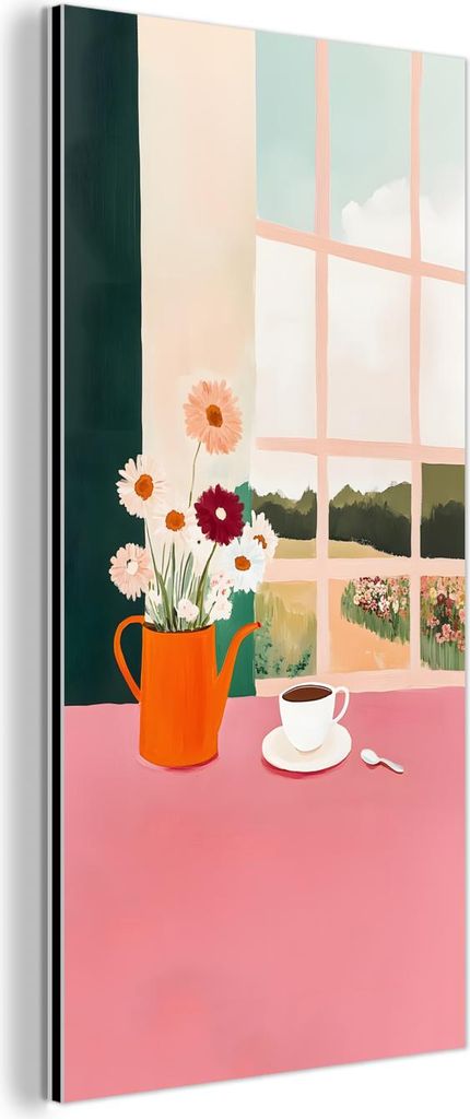 MuchoWow Wanddekoration Metall Metallbild Wandkunst 20x40 cm Blumen - Kaffee - Fenster MuchoWow Aluminium Gemälde - Aluminium Gemäldes