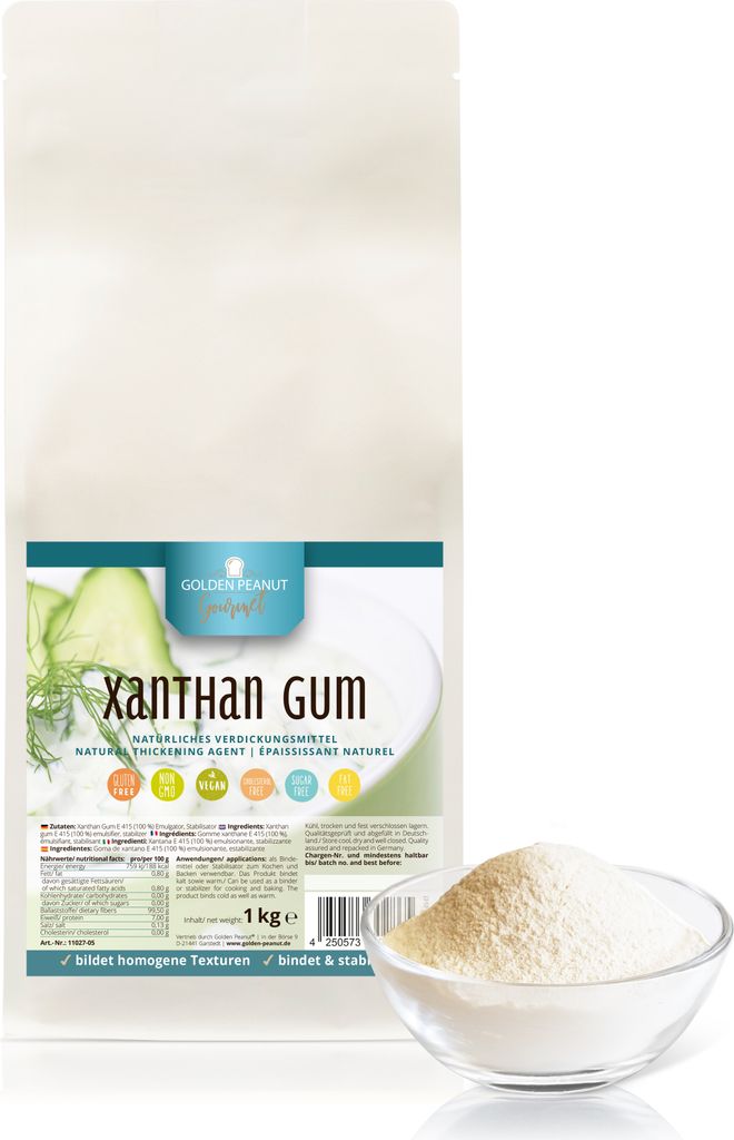 GOLDEN PEANUT Xanthan Gum Pulver 1 kg - Verdickungsmittel stabilisiert, bindend, kalorienarm, ideal für Eisherstellung
