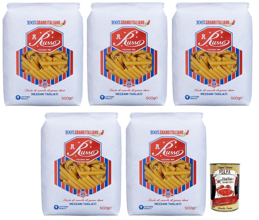 5x Russo Mezzani Tagliati N°33 Hartweizengrieß Pasta,100% Italienischer Weizen,500g-Packung + Italian Gourmet Polpa di Pomodoro 400g Dose