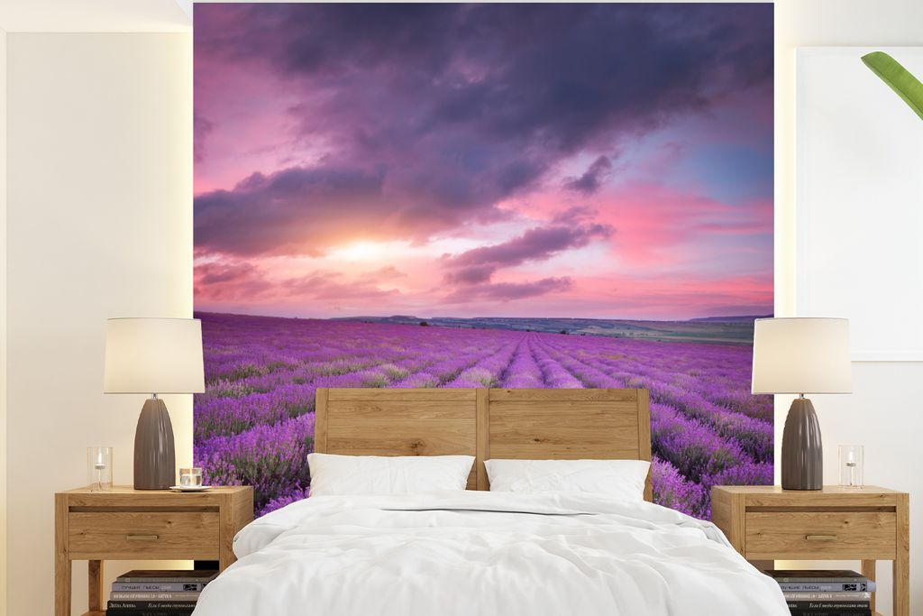 MuchoWow Fototapete für Wohnzimmer oder Schlafzimmer Wandtapete Vinyl Motivtapete Lavendel - Lila - Wolken - Blumen - 240x260 cm - Tapezier Papier