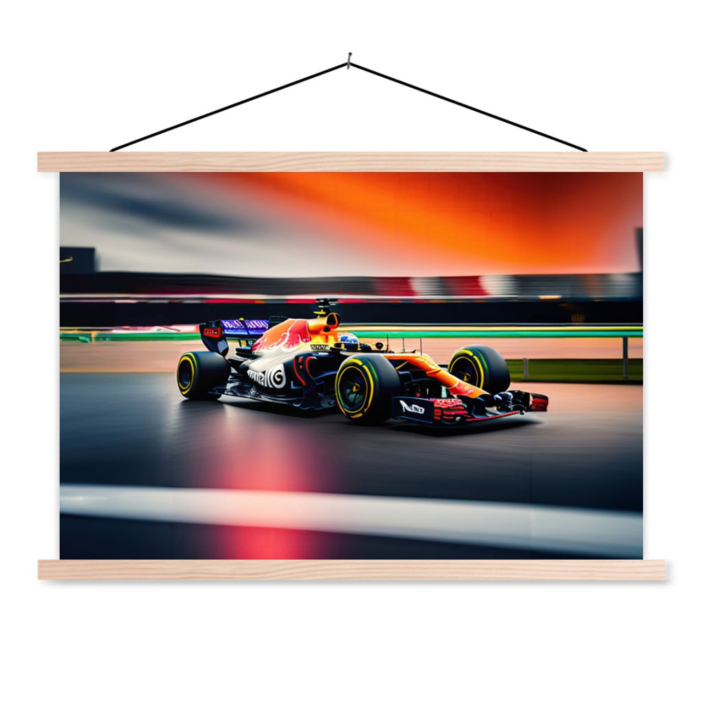 MuchoWow Textilposter Auto - Formel 1 - Rennstrecke - Rennwagen 60x40 cm mit holzfarbenen Rahmen - Bilder