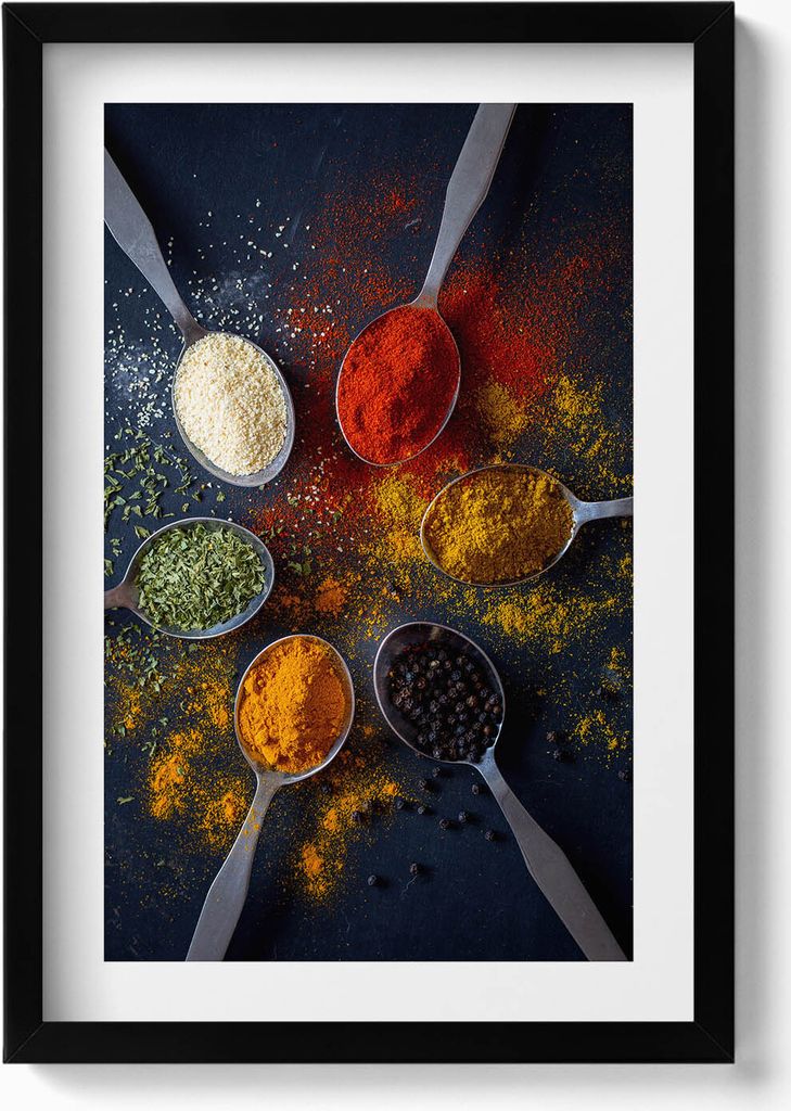 Löffel mit bunten Gewürzen für die Küche– Wandbild mit Rahmen – Gerahmtes Bild – Wanddekoration – 40x60 cm – Schwarz