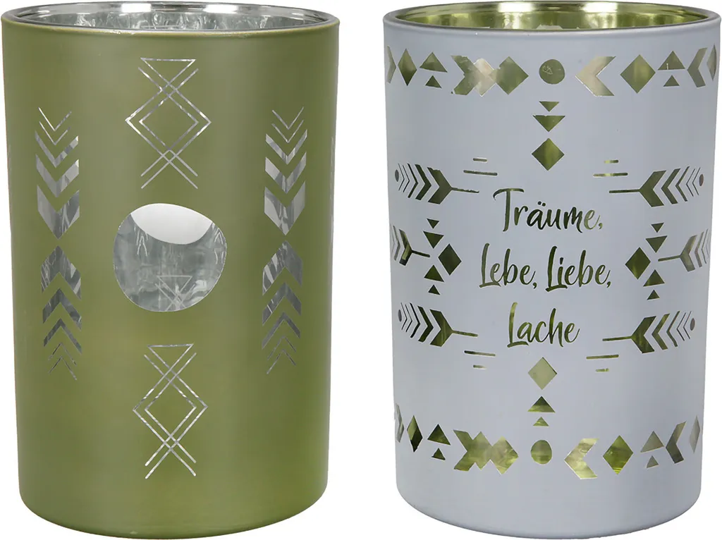 Photophore en verre Gilde Indio gris vert H18cm 44914 - Lot de 2