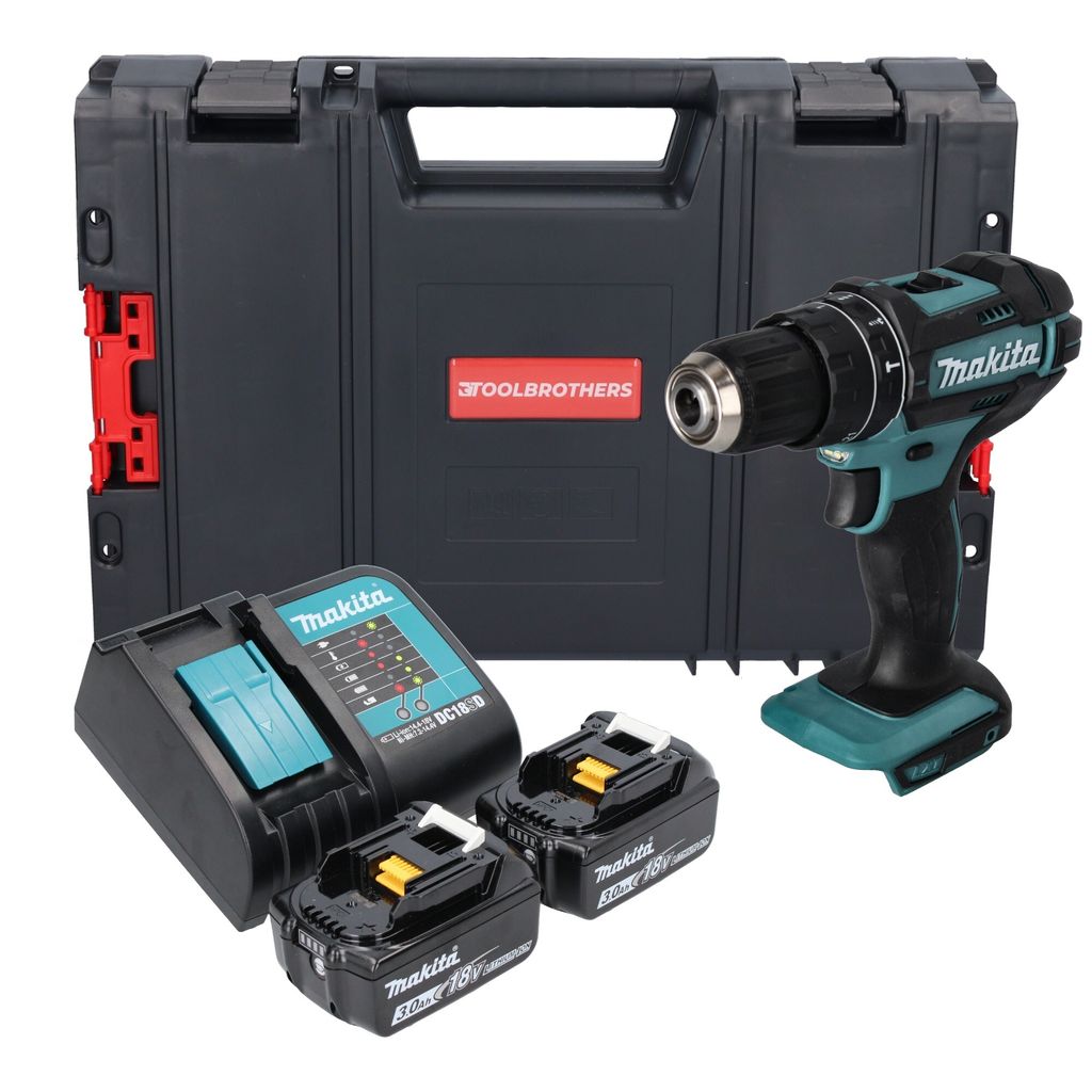 Makita DHP 482 SFJ-R Akku Schlagbohrschrauber 18 V 62 Nm + 2x Akku 3,0 Ah + Ladegerät + RHINO
