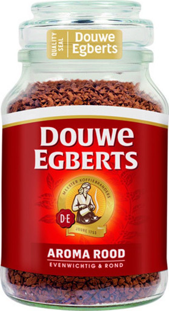A jar of Douwe Egberts Aroma Red instant coffee.