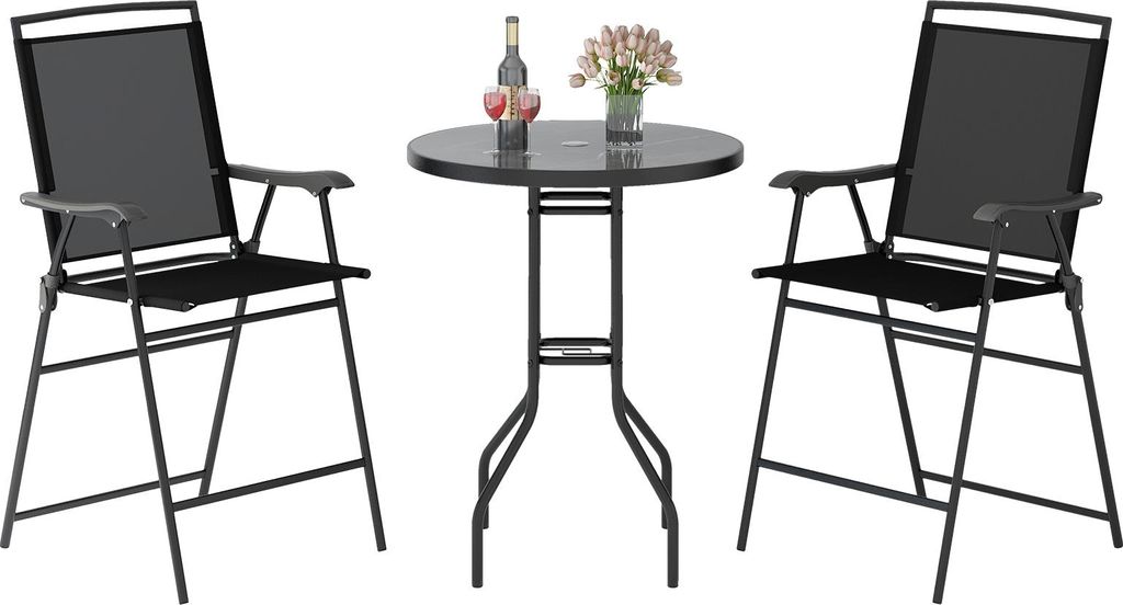 3-teiliges Barmöbel-Set für Draußen, mit DPC-Tischplatte & Schirmloch, Terrassentisch mit Metallrahmen, 2 Klappstühlen, Schwarz