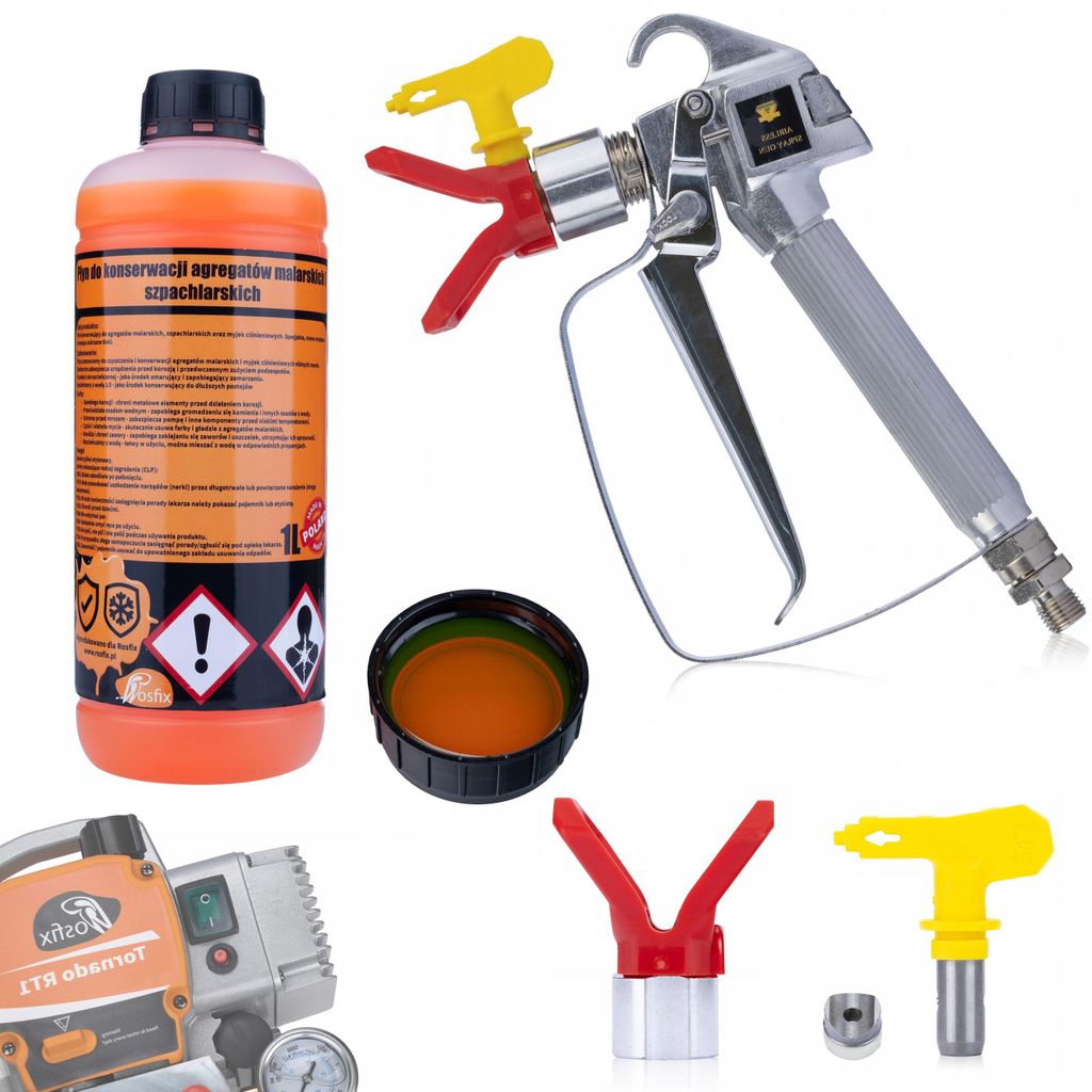 Rosfix PaintPatron 3in1 1L Wartungs- und Reinigungsflüssigkeit + Farbpistole für das Gerät mit einer 517-Düse und Düsenabdeckung