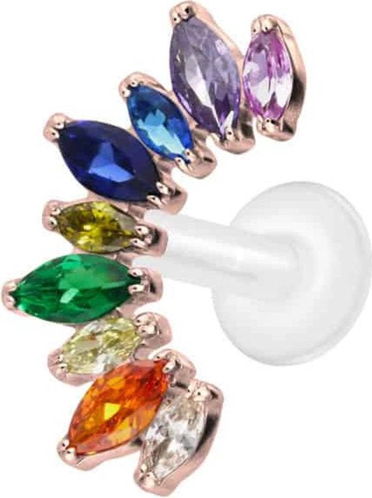 Ohrpiercing, Nasenpiercing PTFE Labret mit Innengewinde + Titan-Aufsatz BUNTER KRISTALLBOGEN RoséGold Stablänge: 7mm | Stabstärke: 1,6mm