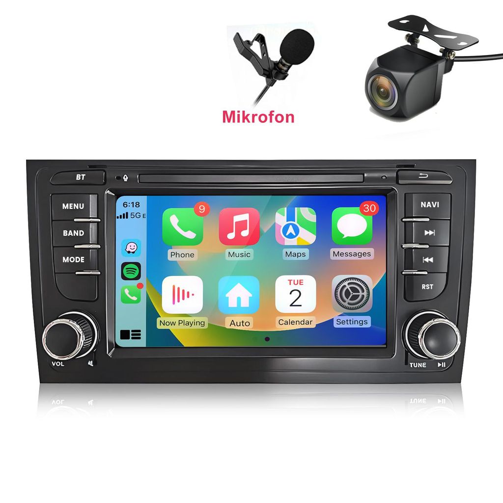 Autoradio Mit Kamera Mic für Audi A6 4B2 4B5 C5 1997-2005 Wireless CarPlay Android Auto WiFi GPS Navi RDS DSP DAB+ Bluetooth 7 Zoll 2+32GB