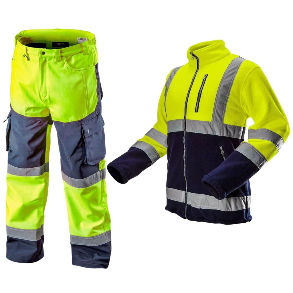 NEO TOOLS Herren Set Warnschutz-Arbeitshose + Arbeits Fleece Jacke | Gelb, S-2XL | Gr. XXL