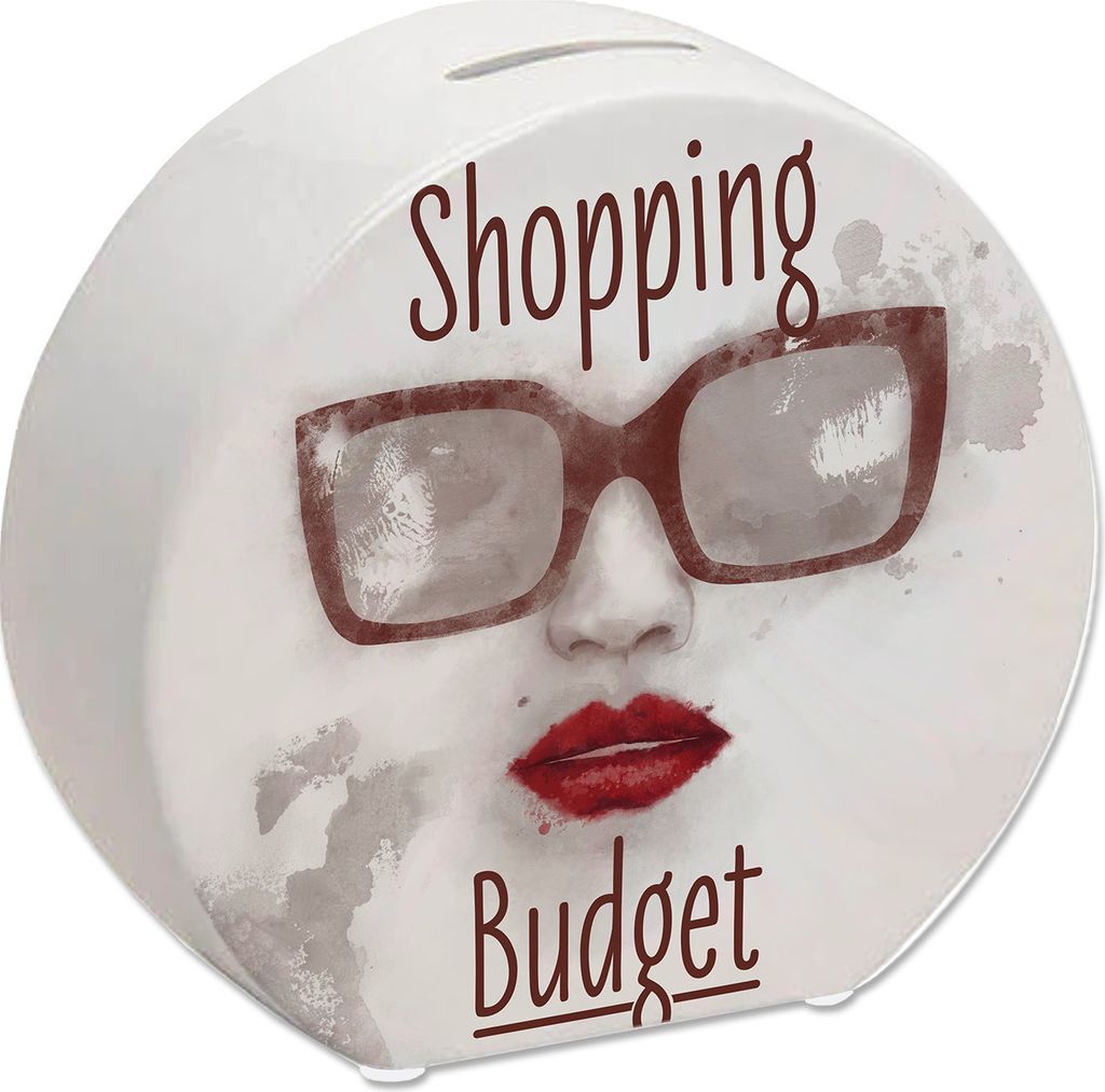 Spardose aus Keramik mit coolem Sonnenbrillenmotiv und Spruch - Shopping Budget