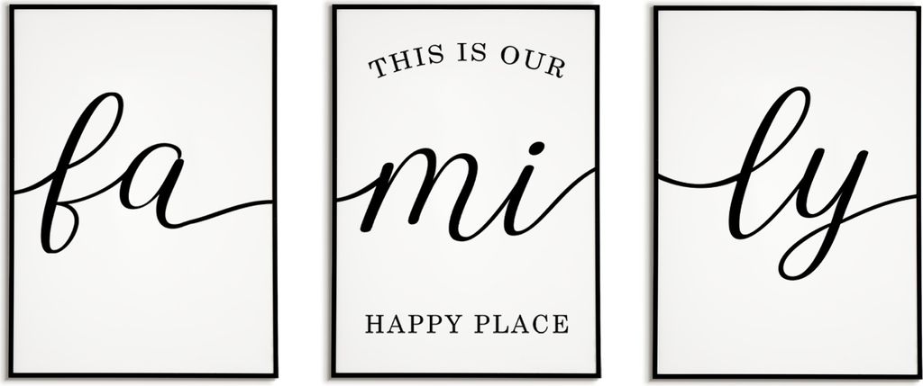 3er Set Familienposter – Happy Place Poster Familie Wandbild Wohnzimmer – A4 (21x29.7cm) / schwarzer Bilderahmen