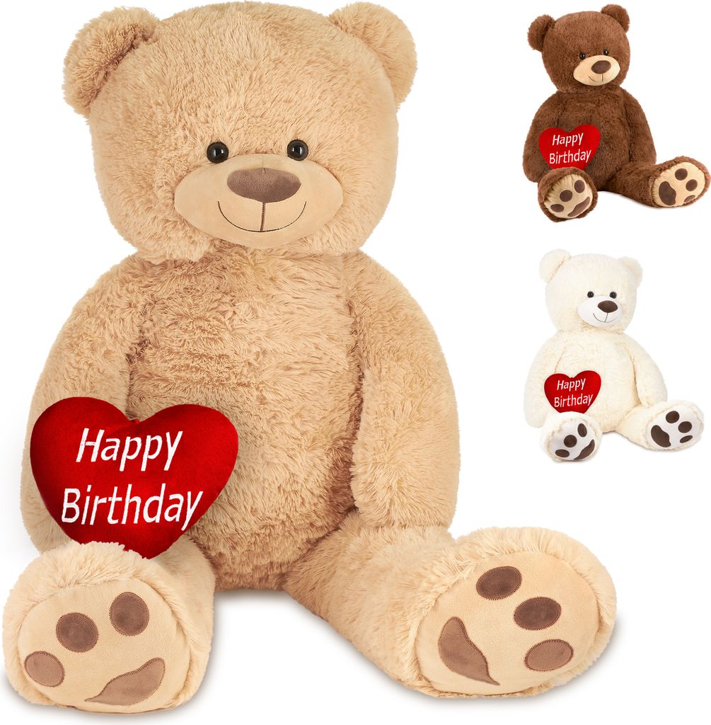BRUBAKER XXL Teddybär 100 cm mit "Happy Birthday" Herz - Stofftier Plüschtier Teddy Kuscheltier, Beige