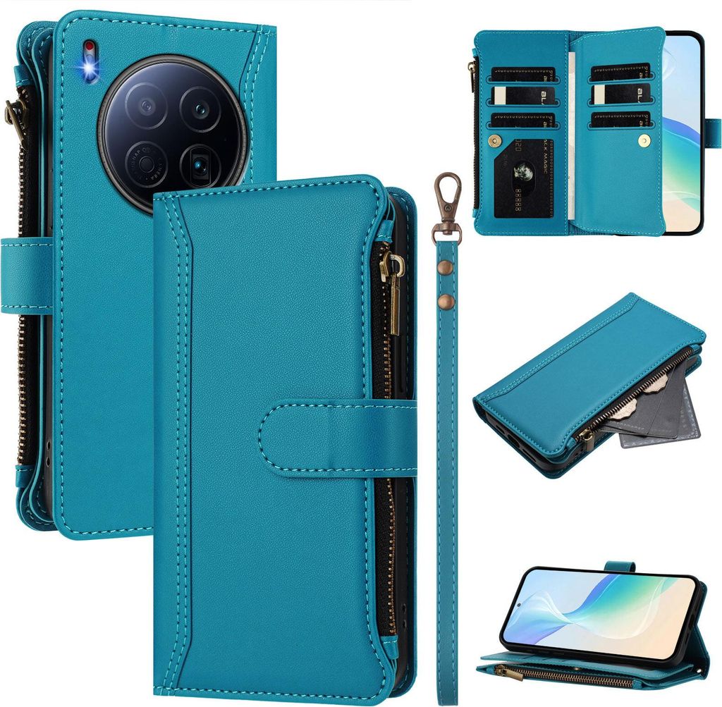 Handyhülle für Tecno Camon 40 Premier Reißverschluss Geldbörse Kunstleder Klapphülle mit Kartensteckplatz, Ständer, Handschlaufe Blau