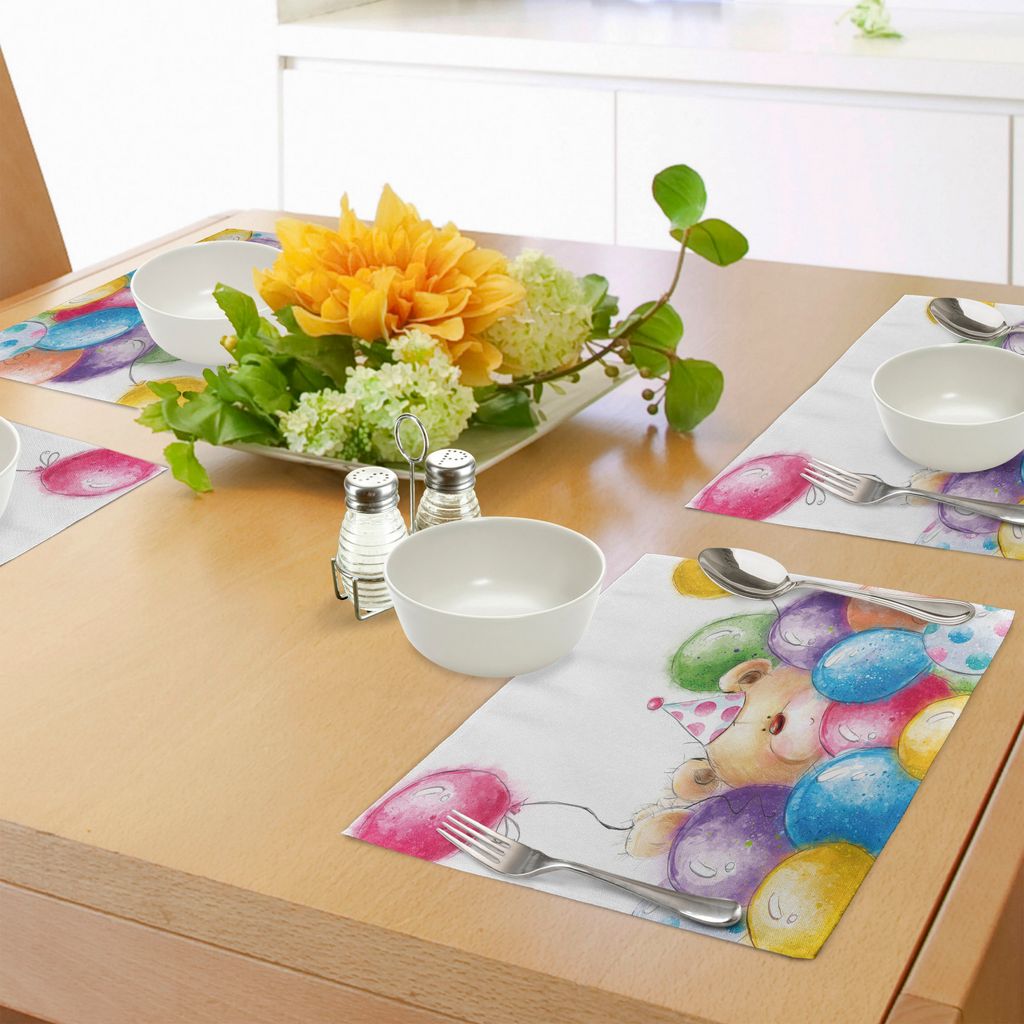 ABAKUHAUS Kindergeburtstag Platzmatten, Handgezeichnete Stil Childish Design Teddybär Spielzeug und bunten Luftballons Print, Tiscjdeco aus Farbfe...