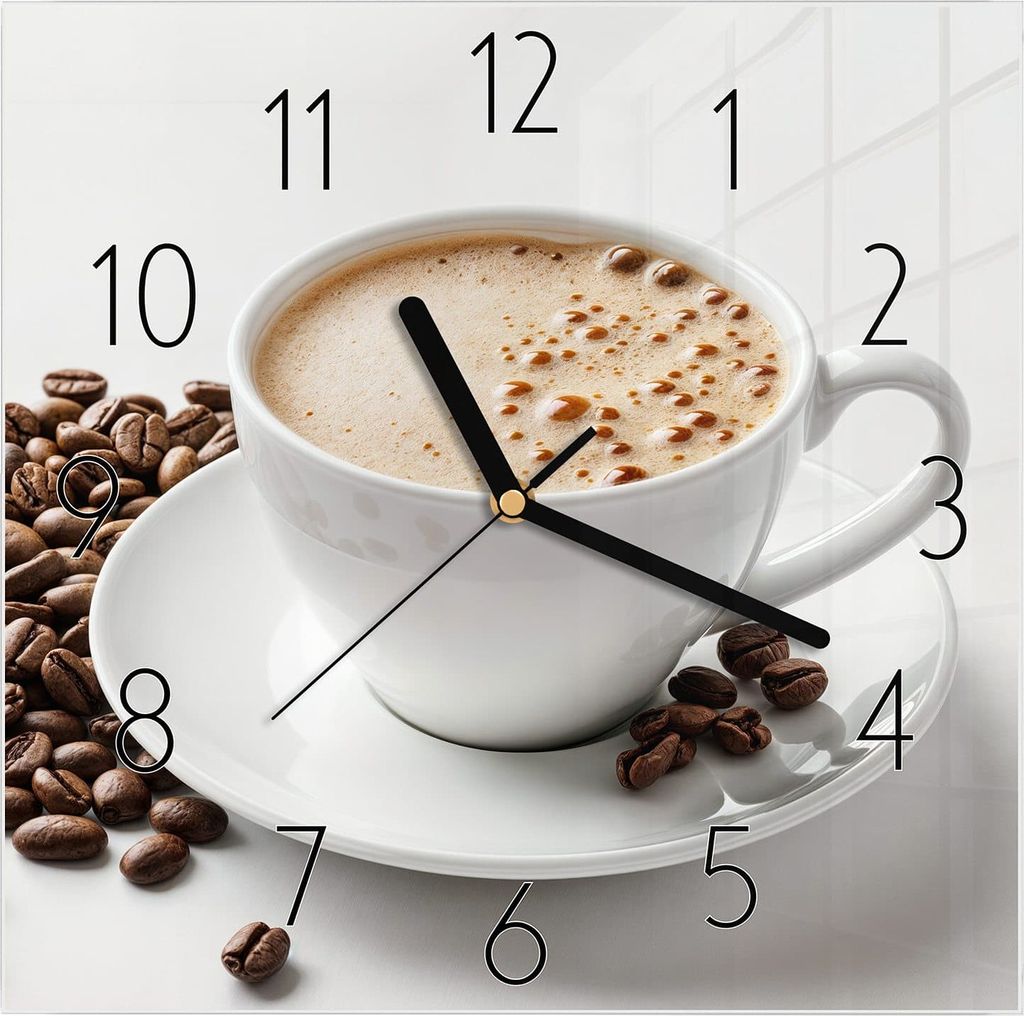 Wanduhr aus Glas mit Motiv Kaffeetasse und Bohnen- 30 x 30 cm - inkl. Aufhängesystem