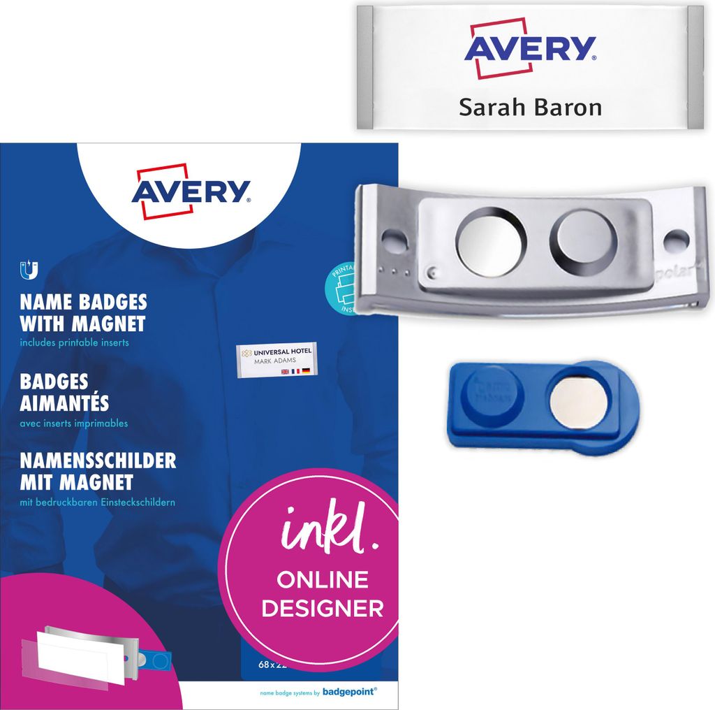 Avery Zweckform POL20MA66-5DR, Namensschilder, 68 x 22 mm, 5 Schilder / 12 Einsteckschilder / 1 Bogen