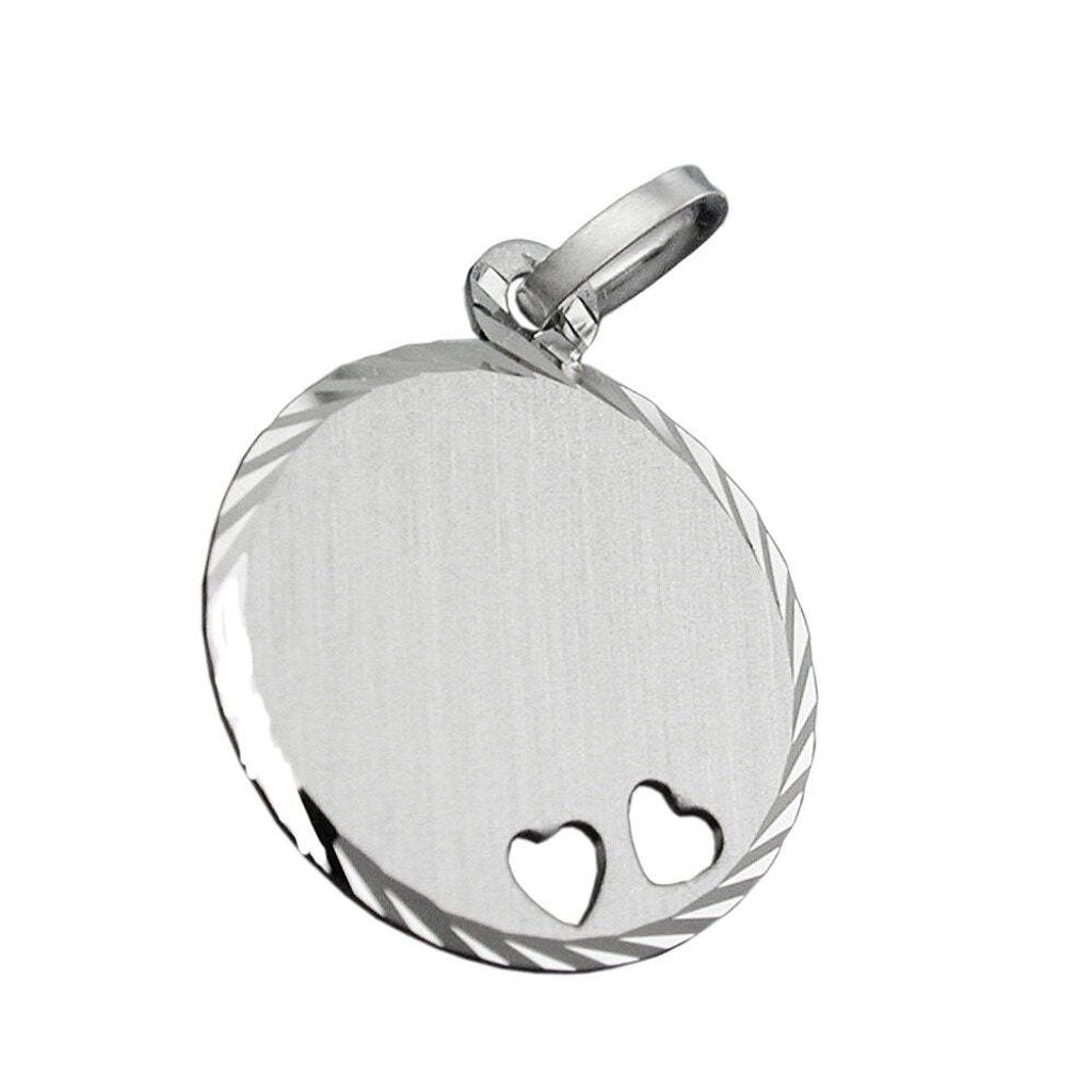 Anhänger16mm Gravurplatte rund 2 Herzen matt-diamantiert rhodiniert Silber 925 silber 19x16mm