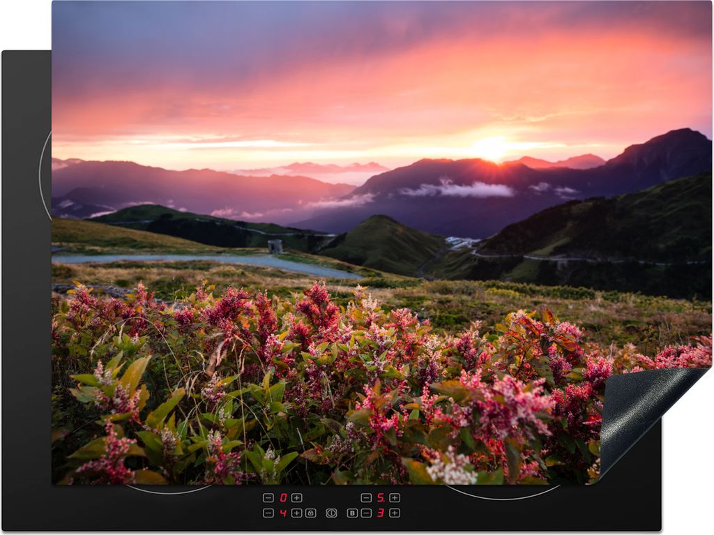 KitchenYeah Herdabdeckplatte Blumen - Berge - Landschaft - Nacht - Himmel - Rosa , 71x52cm, Küche Deko, Glaskeramikkochfeld Herdabdeckung, Abdec...