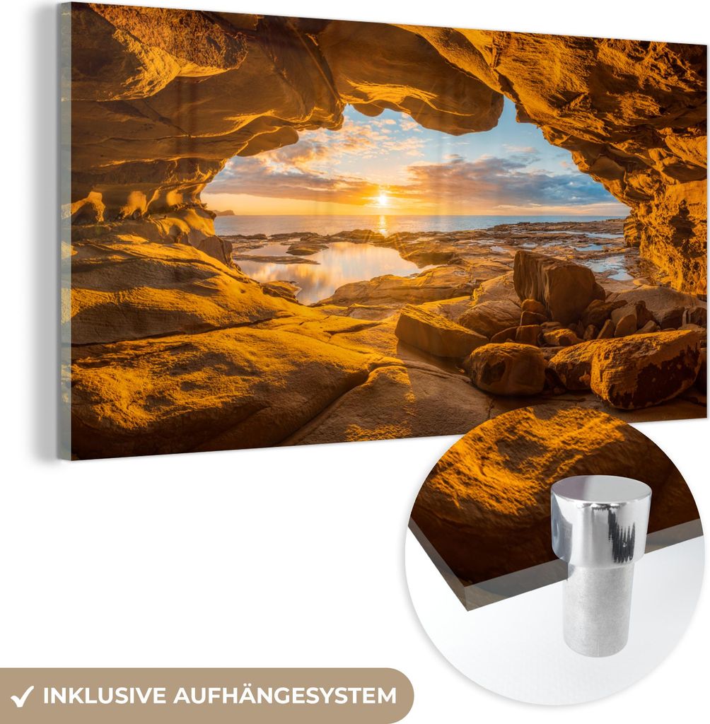 MuchoWow Glasbilder - Bilder auf Wandbild - Foto auf Glas Höhle - Meer - Horizont - Sonnenuntergang 120x60 cm Wanddekoration aus Glas - Acrylglasb...