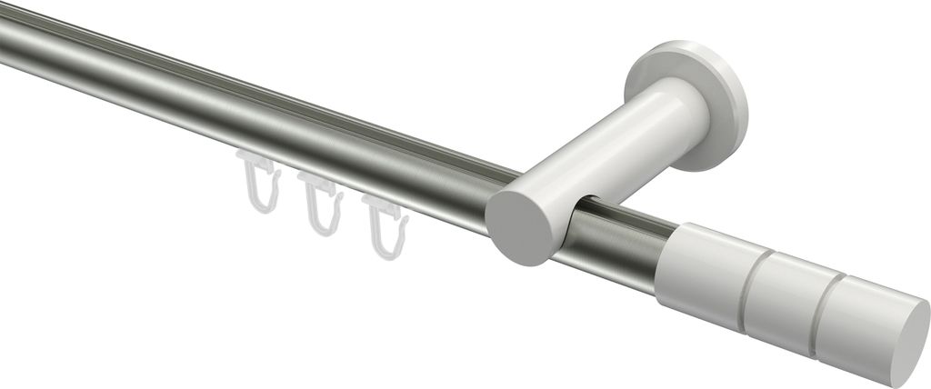 Interdeco Innenlaufstange / Gardinenstange mit Innenlauf Edelstahl-Optik / Weiß, Typ Platon Elanto (Rillenzylinder), 20 mm Ø 1-läufig, 240 cm