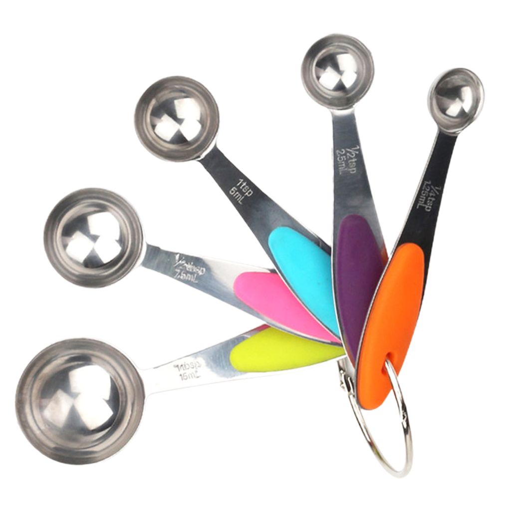 5pcs/Set Messlöffel Set Clear Skala Ringschnalle Silikongriff Edelstahl Zuckerpulver Löffel Messung Becher Haushaltsvorräte-Löffel
