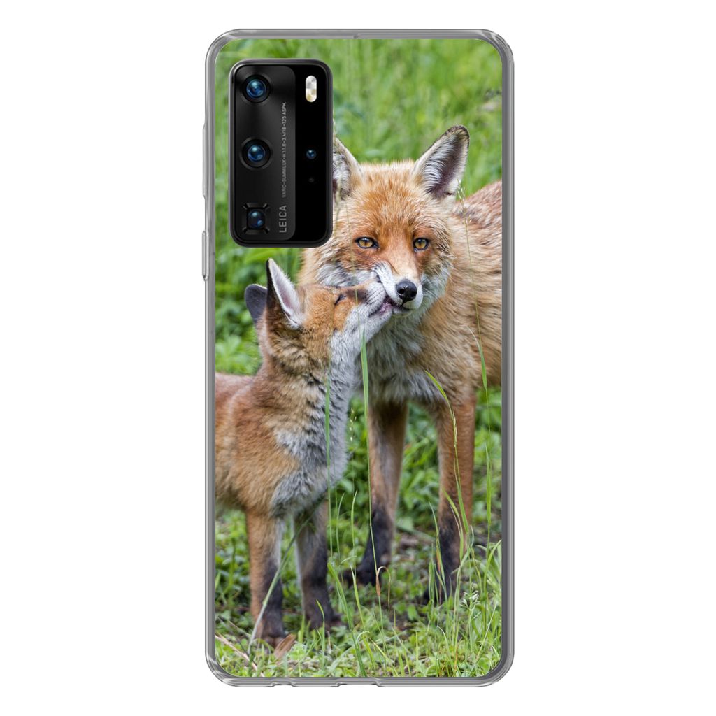 MuchoWow Handyhülle Schutzhülle Hülle für Huawei P40 Pro Füchse - Kind - Gras Silikon Softcase Handy Hülle - Schutz