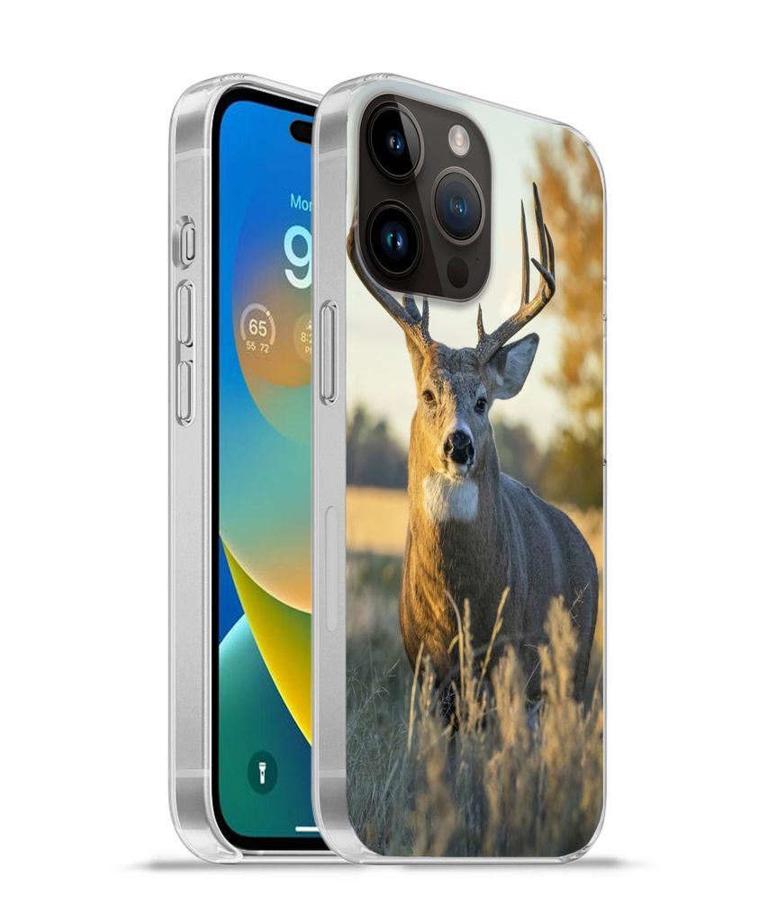MuchoWow Handyhülle Schutzhülle Hülle für Apple iPhone 14 Pro - Softcase Hirsche - Gras - Herbst - Geweih - Natur - Tiere Silikon Softcase Ha...
