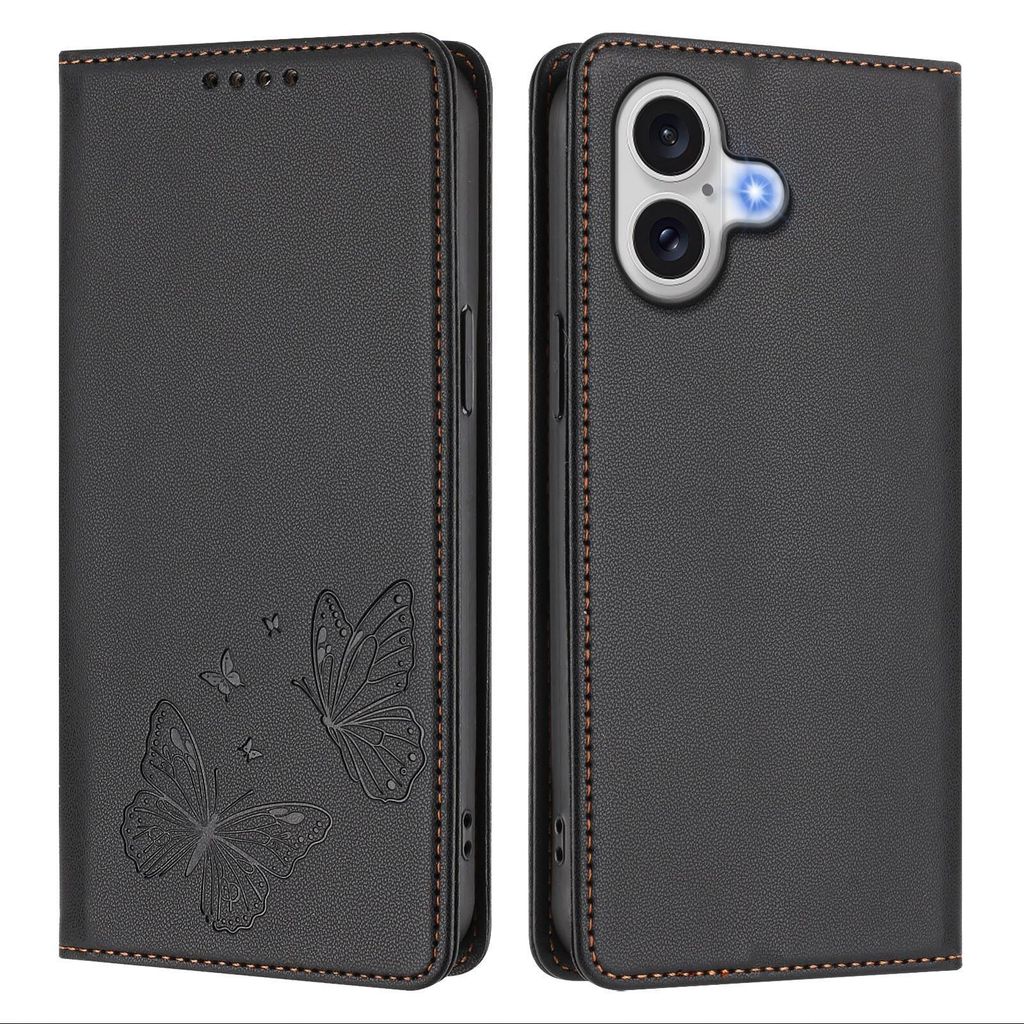 Lederhülle für iPhone 17, Schmetterling Prägung Leder Brieftasche Schutzhülle mit Ständer Schwarz