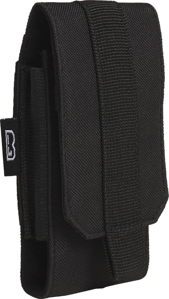 A black tactical pouch with a velcro closure and a brand logo.