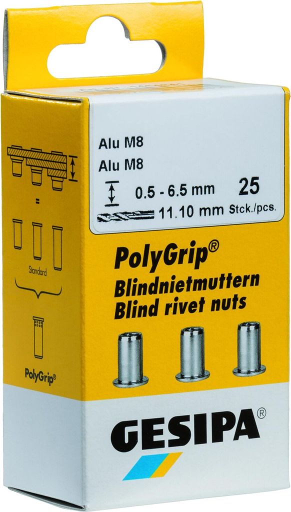 GESIPA Blindnietmuttern PolyGrip 25x Edelstahl M8x11x20 7600N Flachrundkopf