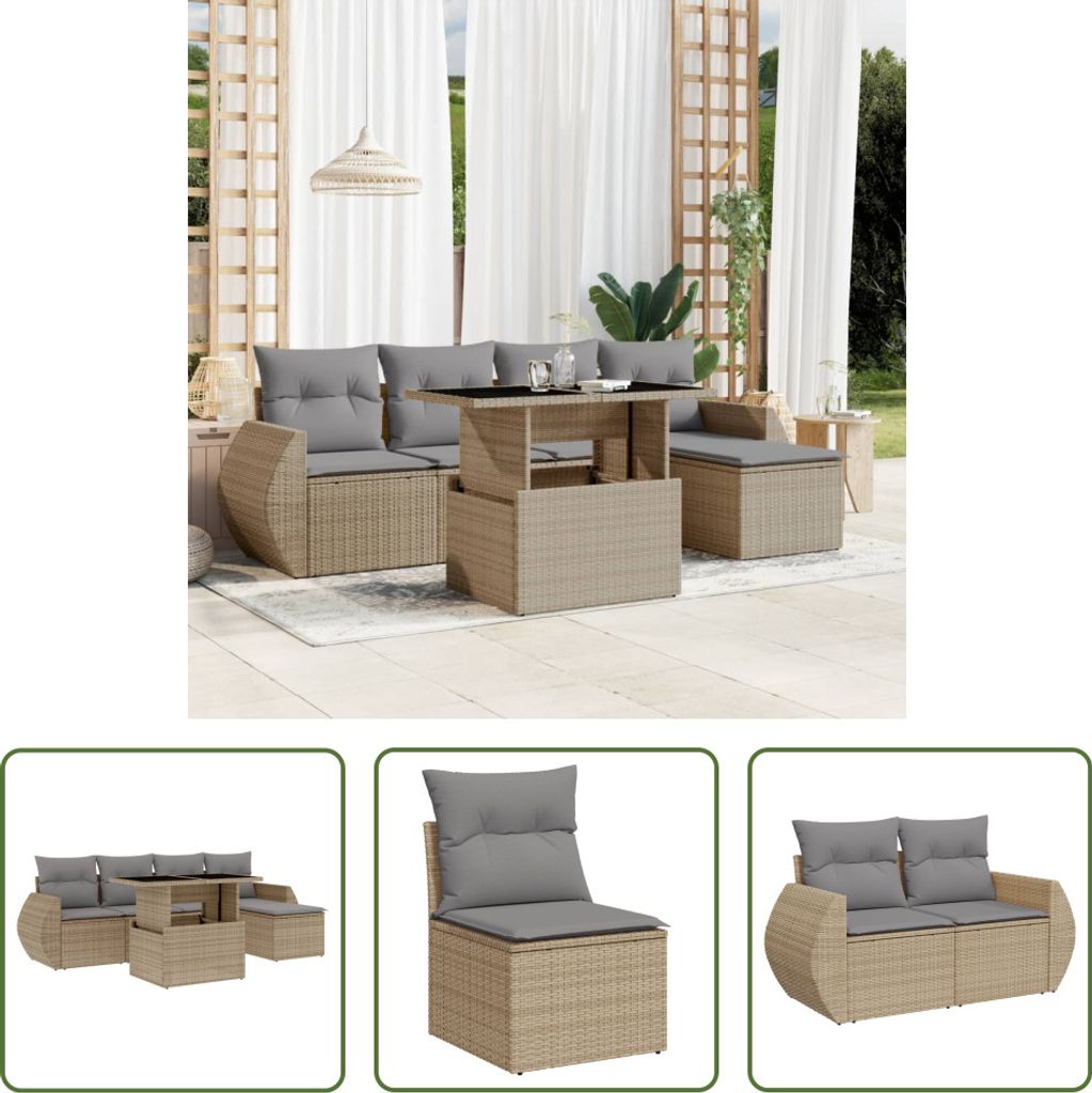 The Living Store 6-tlg. Garten-Sofagarnitur mit Kissen Beige Poly Rattan