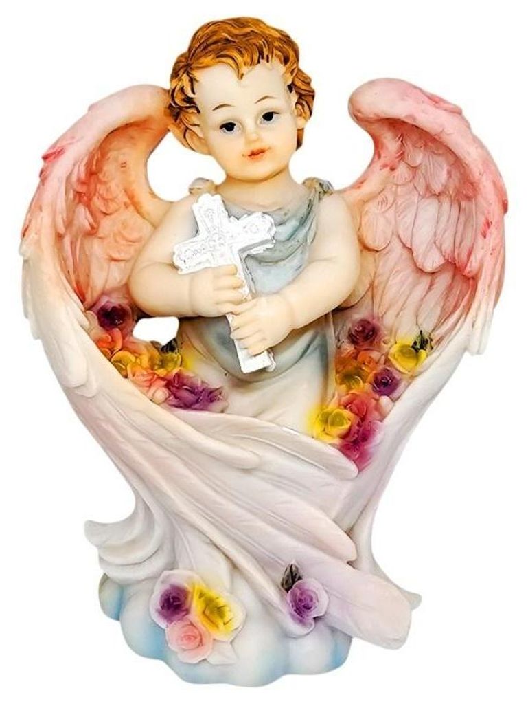 Art Sacrum Engelfigur mit Kreuz, 18 cm, blaue Robe und rosa Flügel