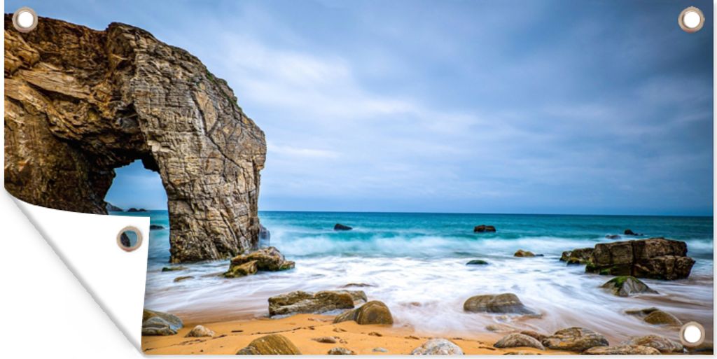 MuchoWow 80x40 cm Outdoor-Poster Gartendeko Sichtschutz Garten Poster für den Garten Steine - Wasser - Strand - Felsen - Wellen