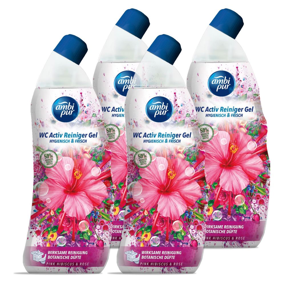 Ambi Pur WC Aktiv Reiniger Gel Pink Hibiskus & Rose 750ml (4er Pack)