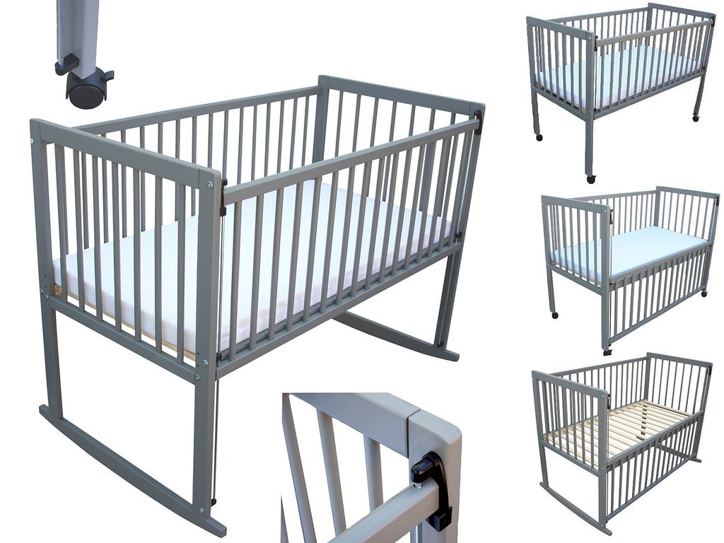 Kinderbett / Beistellbett / Wiege 3in1 120x60 cm mit Matratze grau