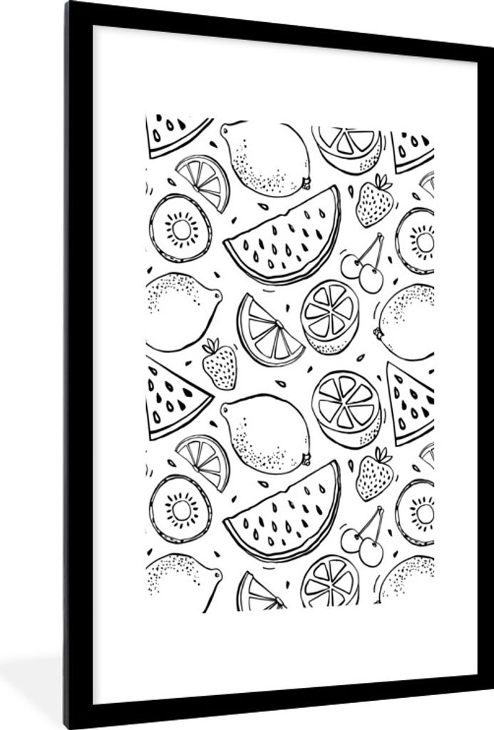 MuchoWow Gerahmtes Poster Obst - Muster - Schwarz - Weiß 60x90 cm - Poster mit Schwarzem Bilderrahmen Wandposter Rahmen Foto Bilder - Dekoration...