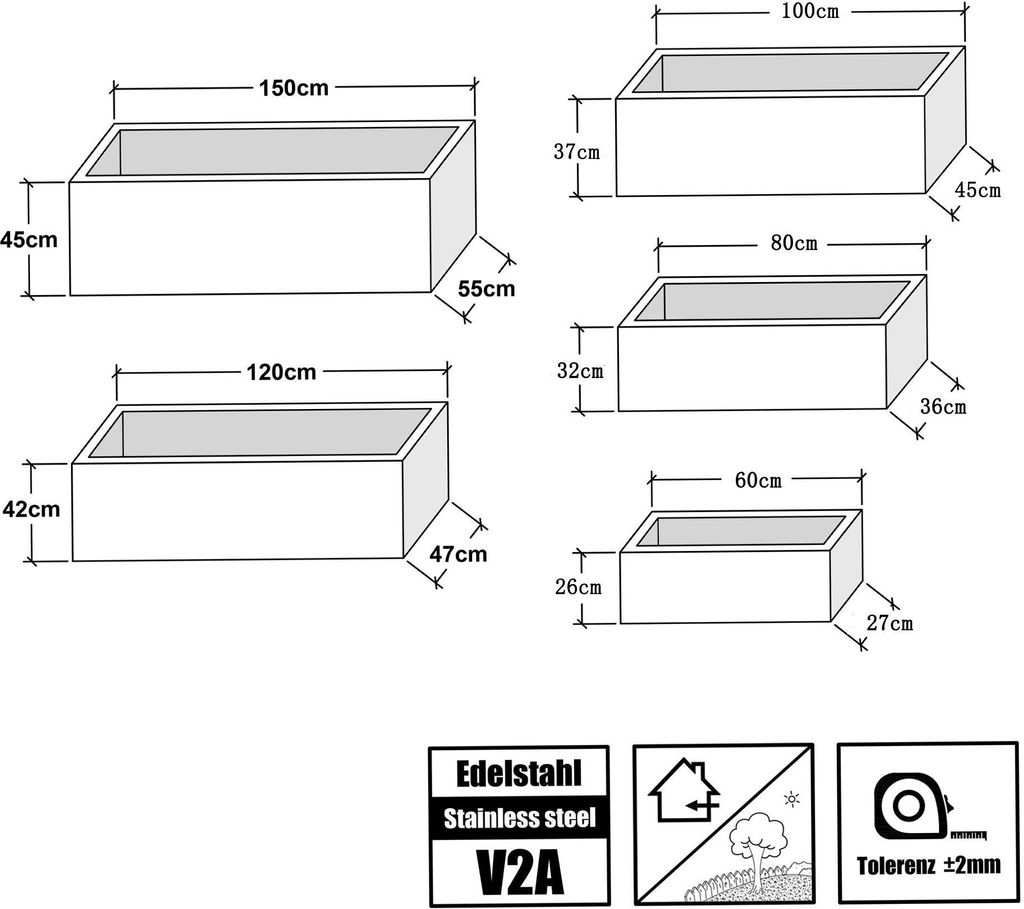 Köhko® Designer-Pflanztrog aus Edelstahl Viva 150 x 55 x 45 Produktbild 5