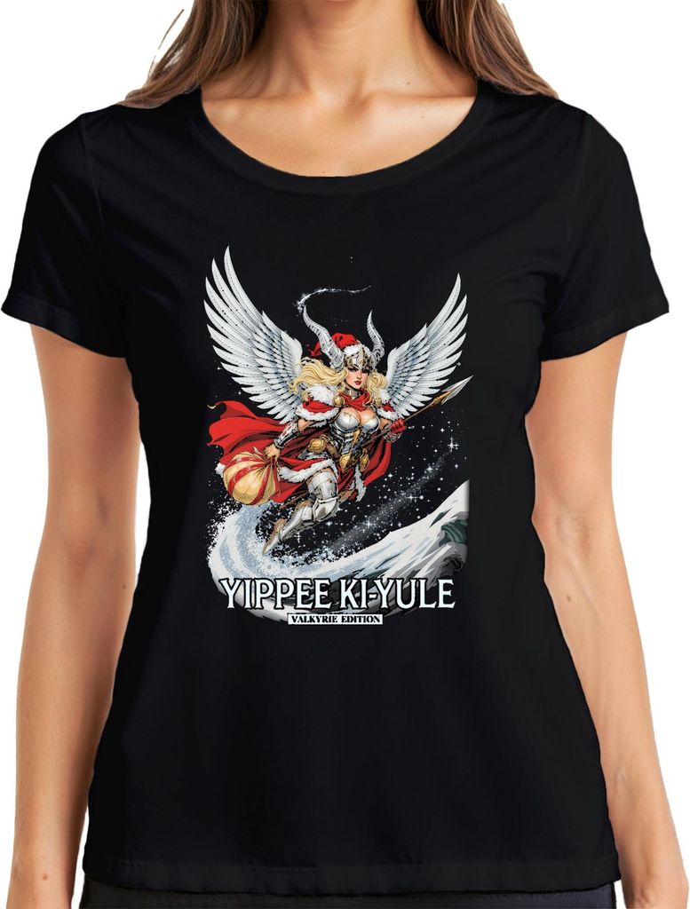 YIPPEE KI-YULE Valkyrie Weihnachten Wikinger Flügel Lustig Damen T-Shirt, Schwarz, XXL