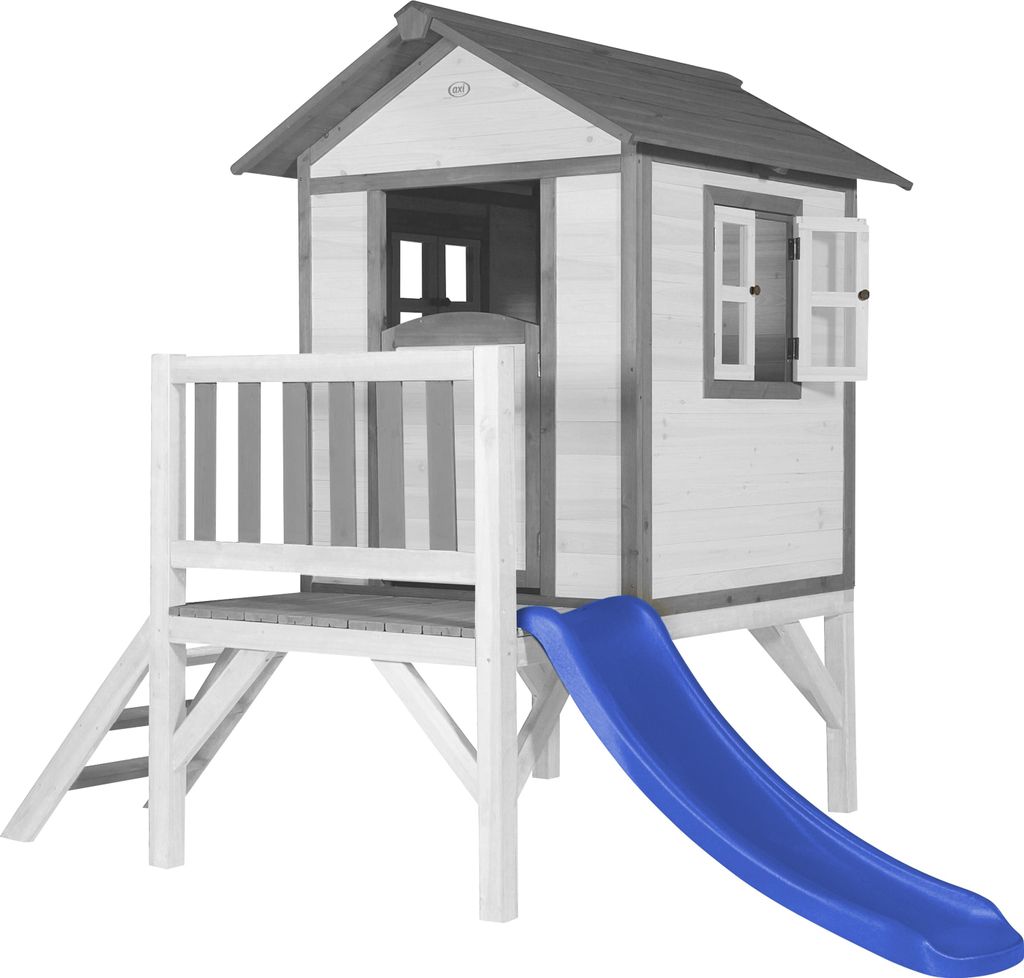 AXI Spielhaus Beach Lodge XL in Weiß mit Rutsche in Blau | Stelzenhaus aus Holz für Kinder | Kleiner Spielturm für den Garten