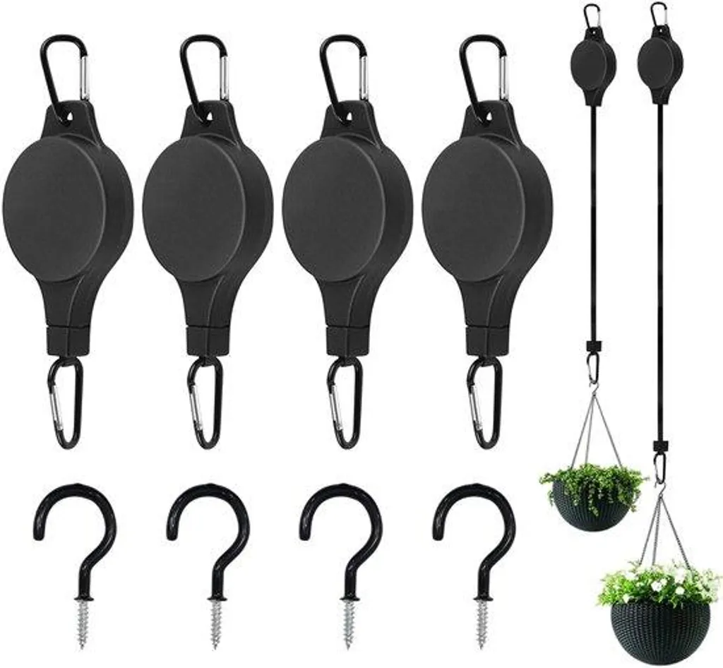 Poulies de suspension pour plantes rétractables noires - Lot de 4 pcs