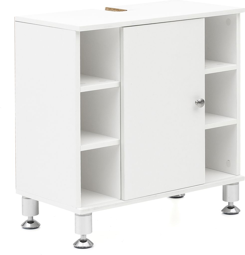 A white bathroom cabinet with a sliding door and open shelves, shown from a front-side angle on a white background.