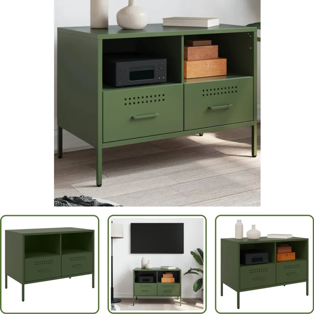 The Living Store Mobile TV Verde oliva 68x39x50,5 cm Acciaio laminato a freddo