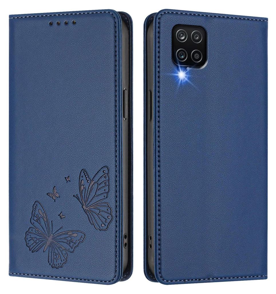 Lederhülle für Samsung Galaxy A12, Schmetterling Prägung Leder Brieftasche Schutzhülle mit Ständer Dunkelblau