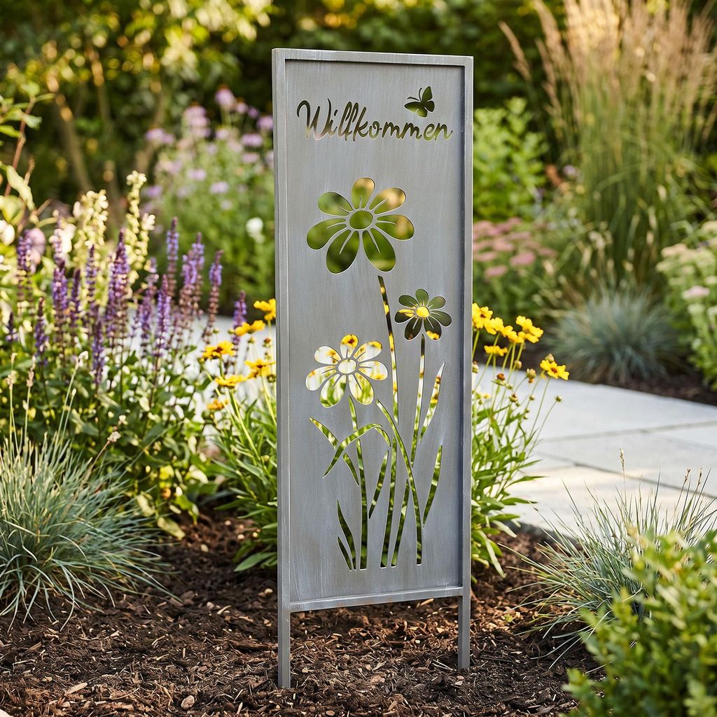 Gartenstecker Willkommen H83cm Stele Grau Betonoptik Produktbild 